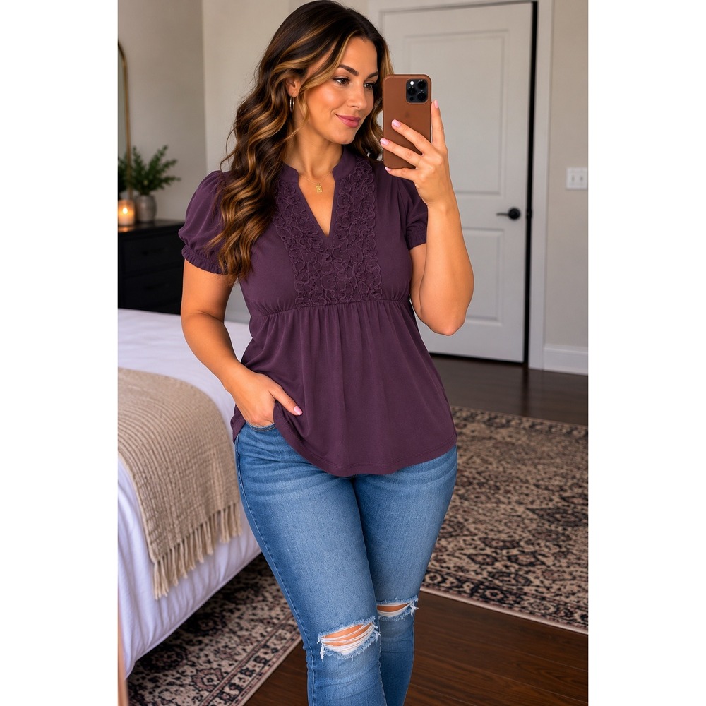 Heart Soul Plum Purple Ruffle V-Neck Babydoll Top Short Sleeve Empire Waist S